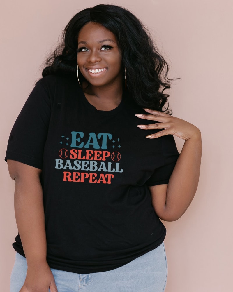 Front of a model wearing a size 2XL Eat Sleep Baseball Vibes in Black by Simply Sage Market. | dia_product_style_image_id:281673